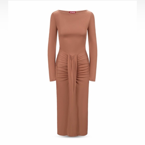 NEW STAUD Gres Dress, midi waterfall ruffle ruched brown tiramisu 4/ Small - Picture 5 of 15